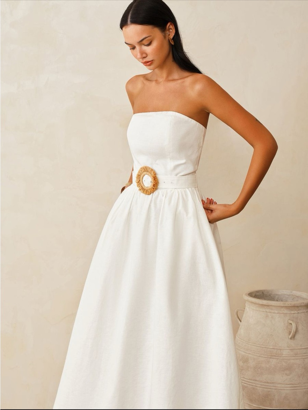 Strapless White Midi Dress with Statement Belt - Picture 2 of 5